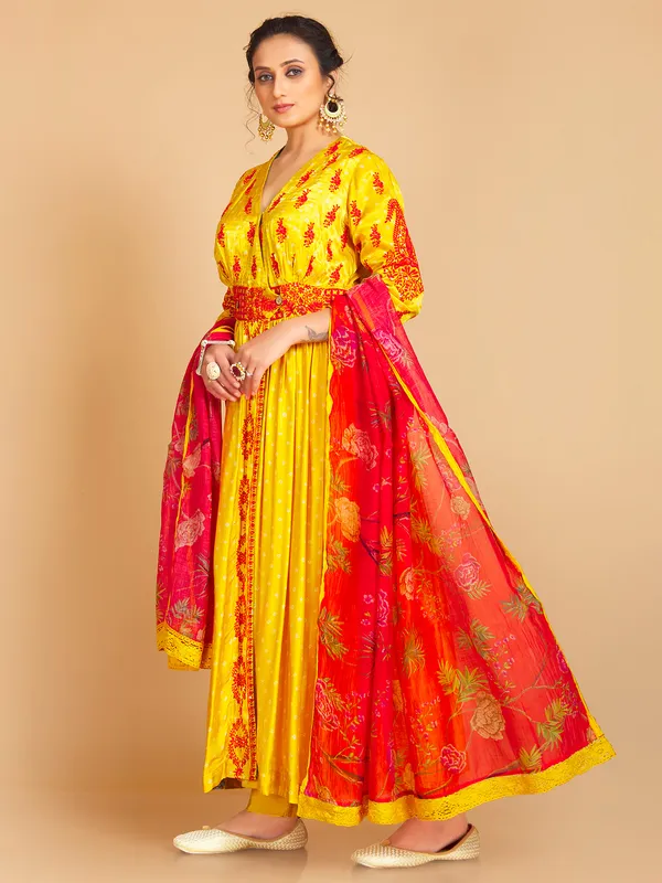 Bright yellow silk printed salwar suit