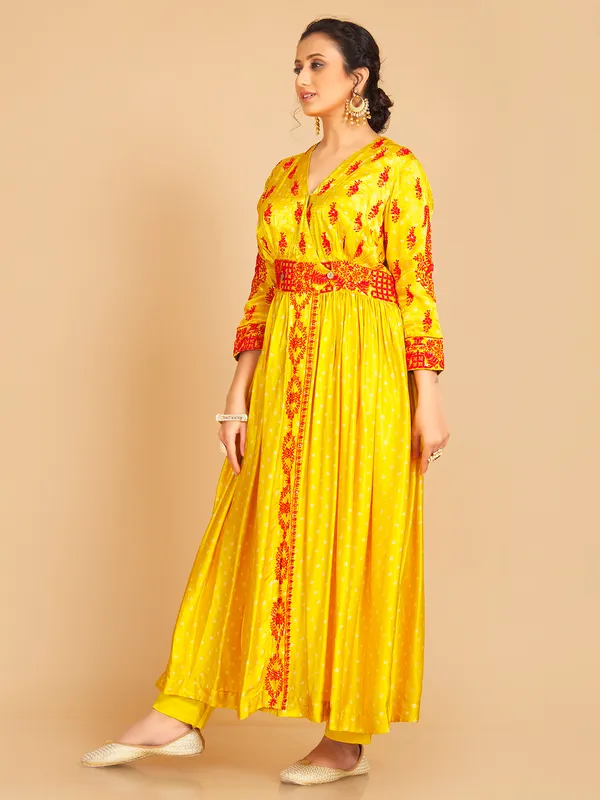 Bright yellow silk printed salwar suit