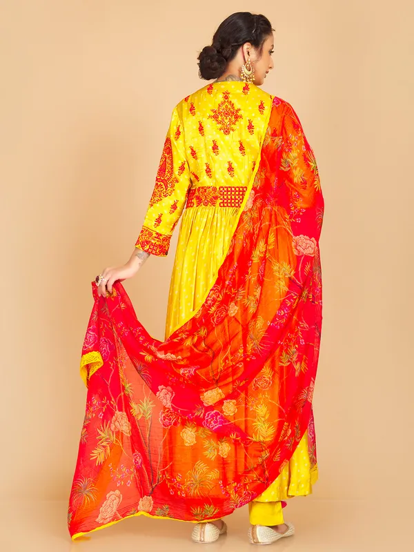 Bright yellow silk printed salwar suit