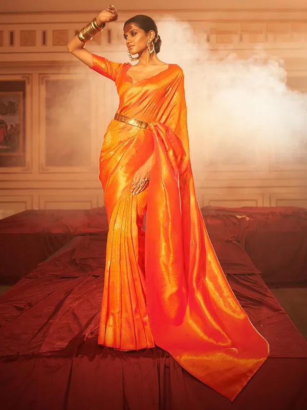 Bright yellow silk self weaving saree