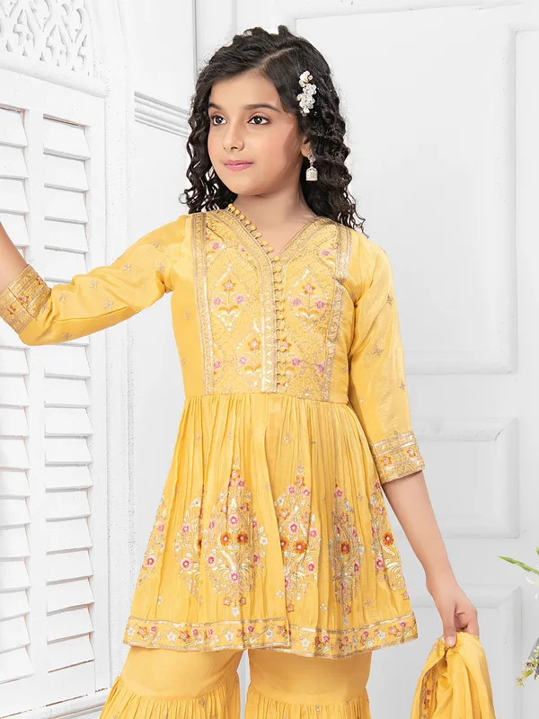 Bright yellow silk sharara set