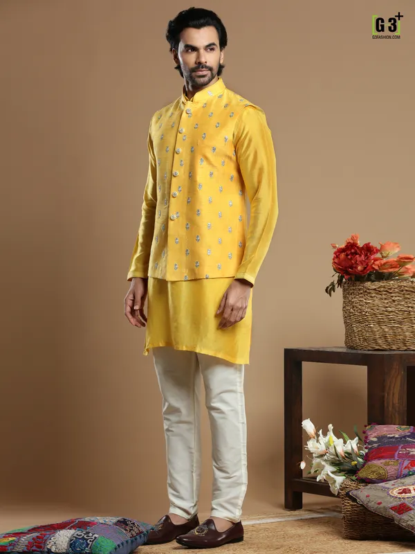 Bright yellow wedding cotton silk waistcoat set