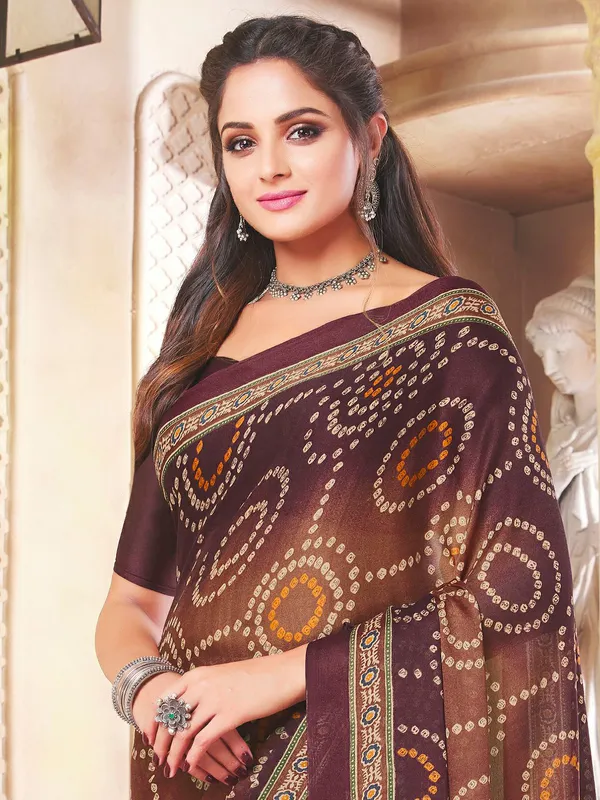 Brown amazing print details festive sari in crepe