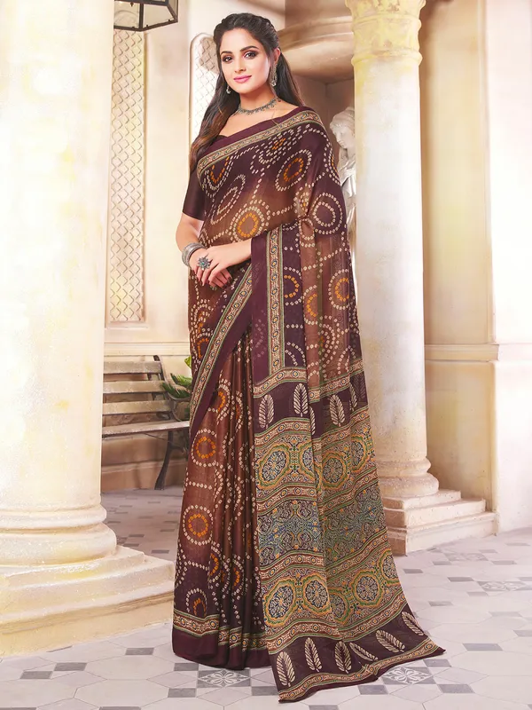 Brown amazing print details festive sari in crepe