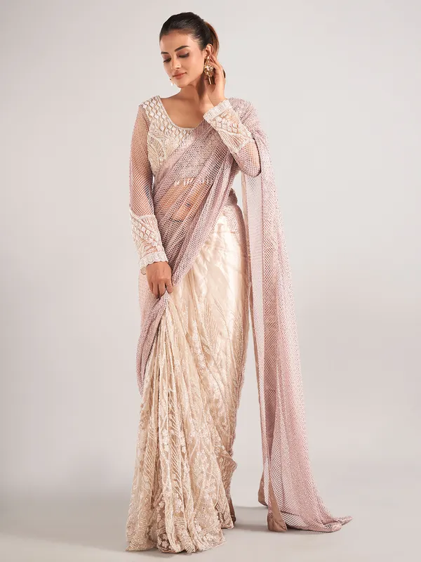 Brown and beige net with designer saree