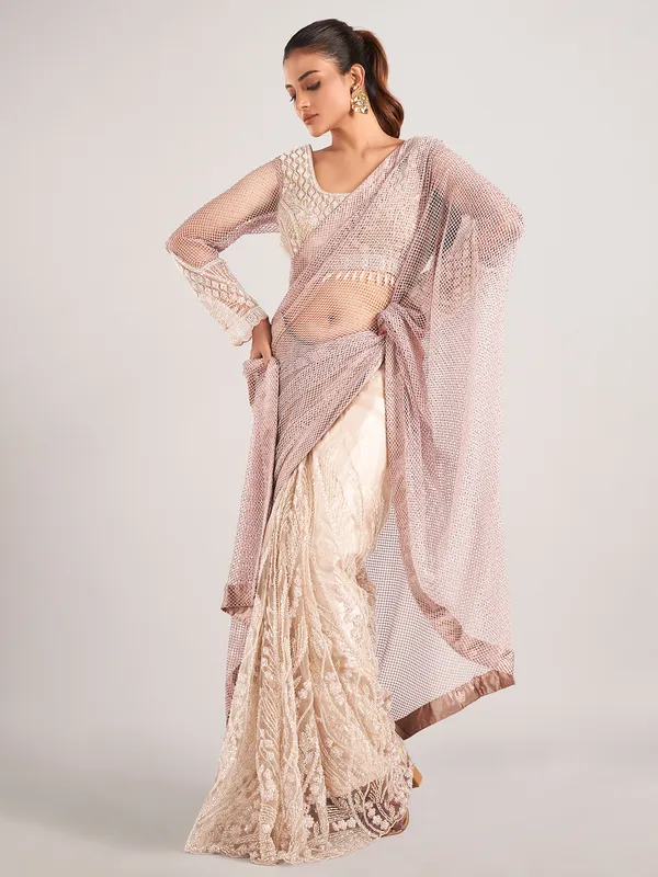 Brown and beige net with designer saree