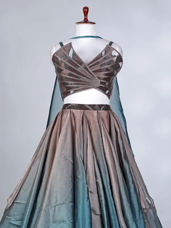 Brown and blue tissue silk designer lehenga choli