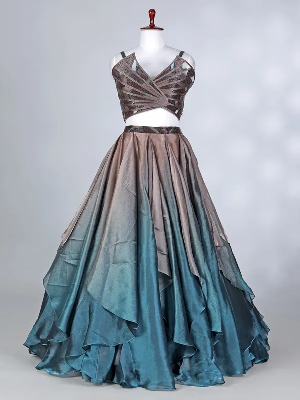 Brown and blue tissue silk designer lehenga choli
