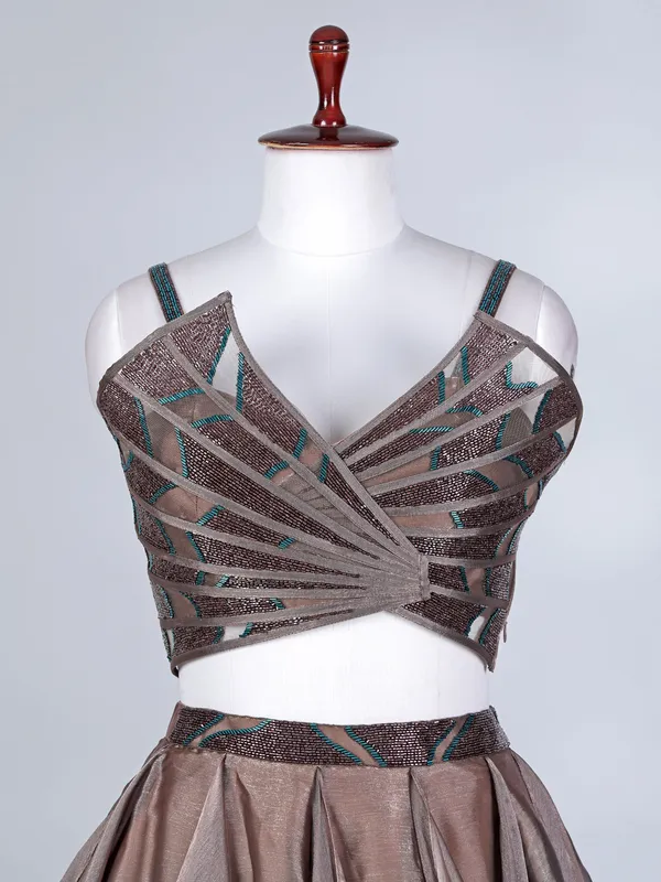 Brown and blue tissue silk designer lehenga choli