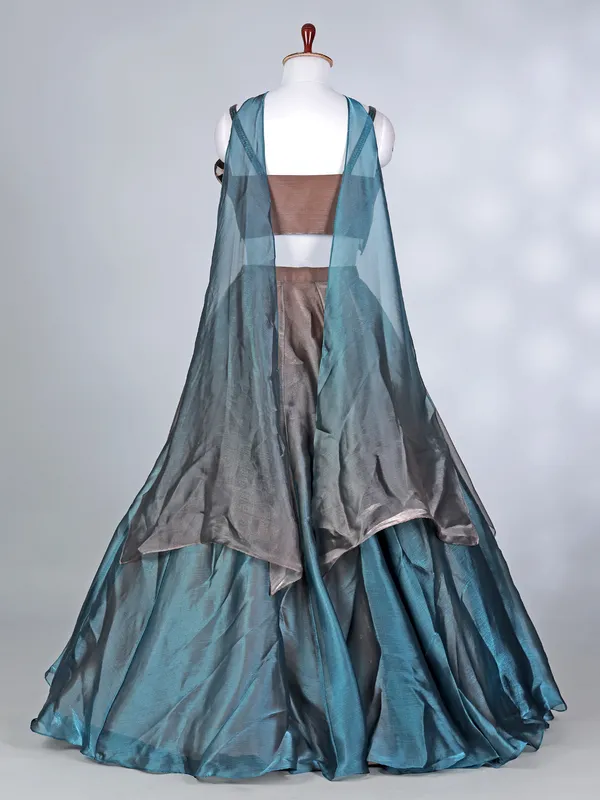 Brown and blue tissue silk designer lehenga choli