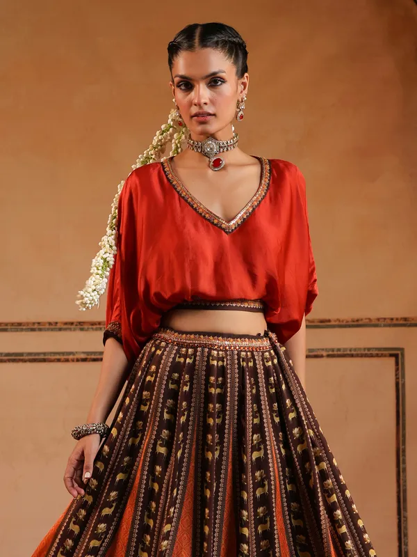 Brown and red silk printed lehenga choli
