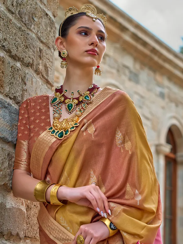 Brown and yellow zari weaving saree