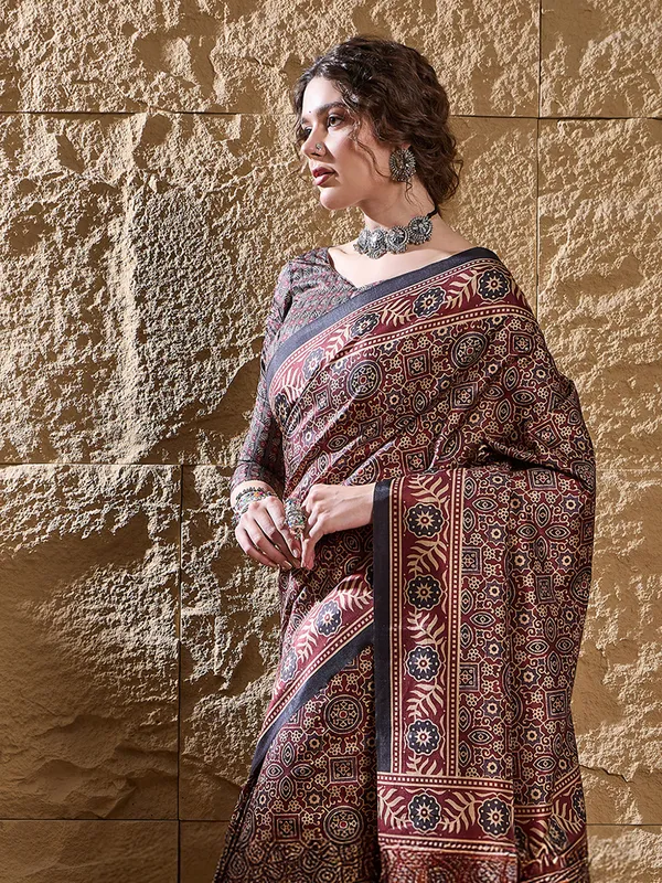 Brown bhagalpuri silk ajrakh printed saree