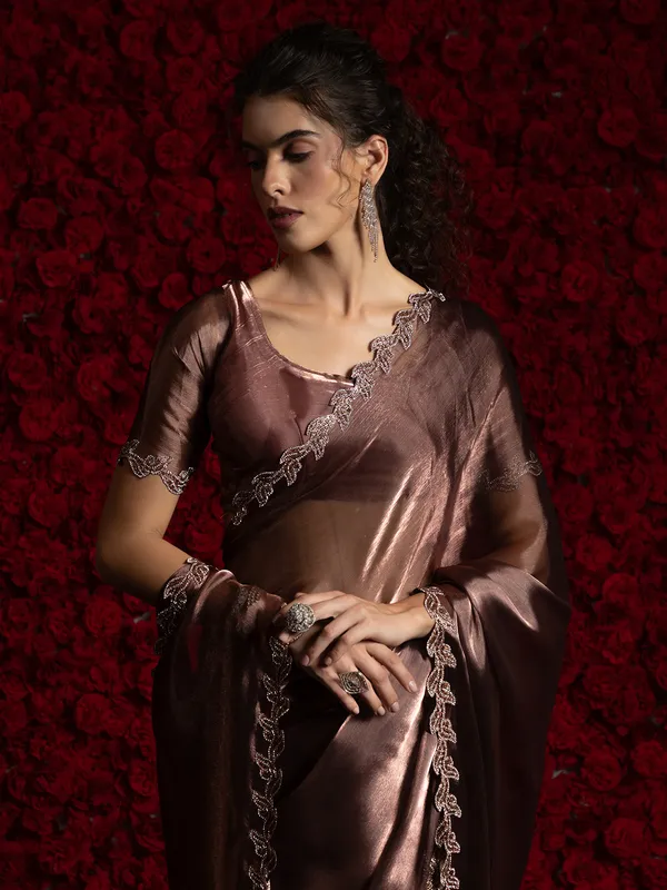Brown chiffon party wear saree