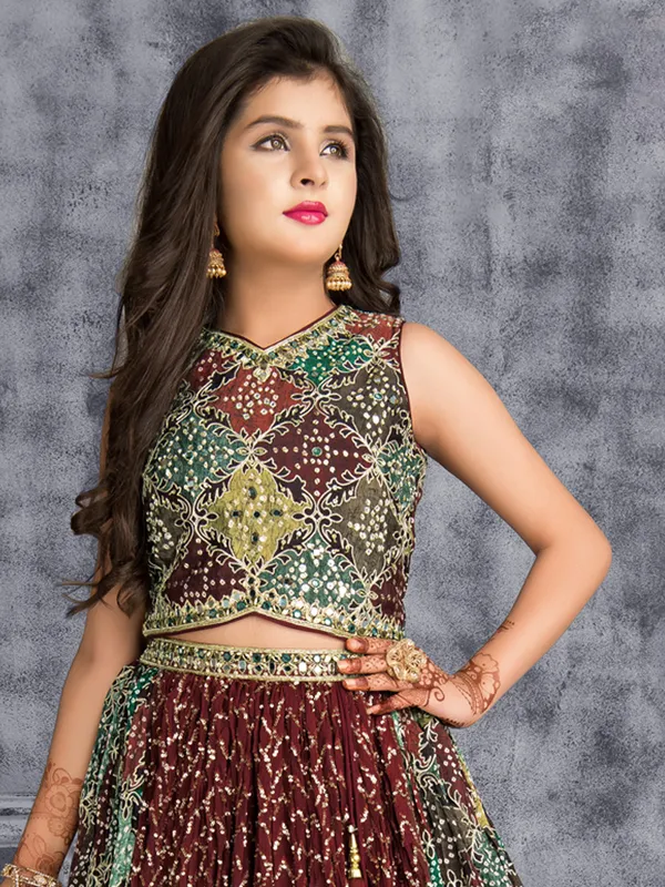 Brown color printed wedding wear lehenga choli in georgette