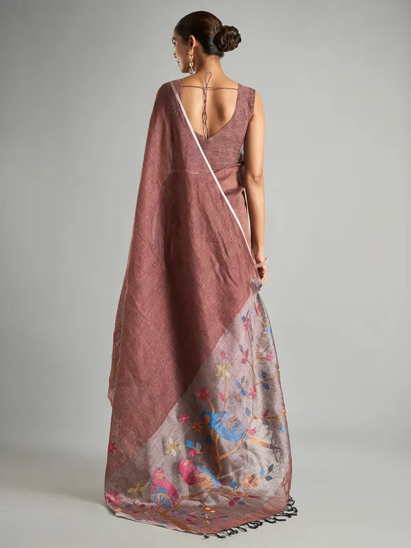 Brown cotton linen minakari saree