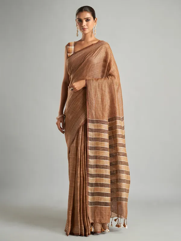 Brown cotton linen saree