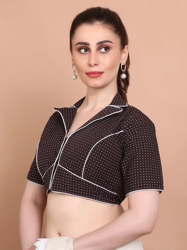 Brown cotton printed collar neck ready made blouse