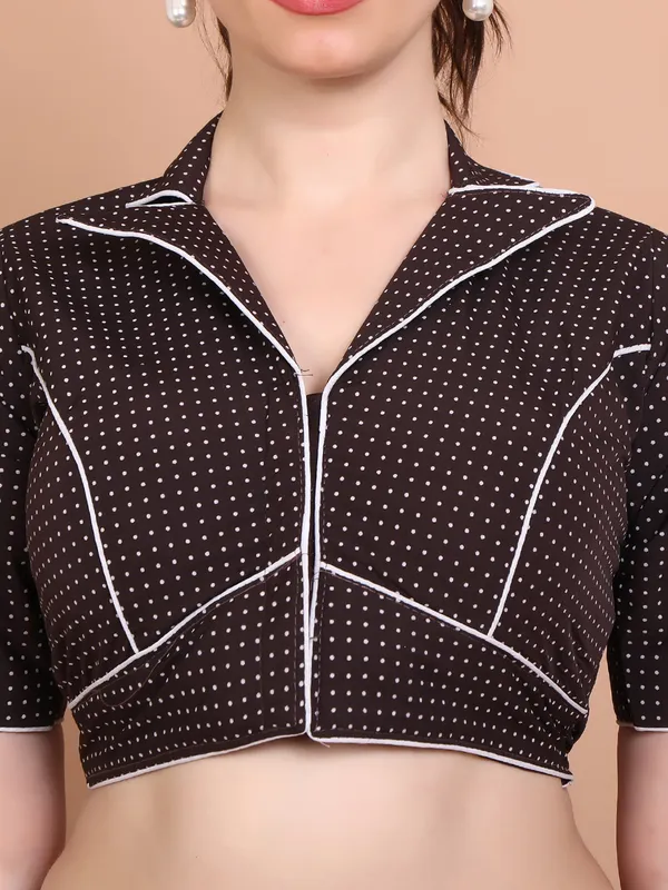 Brown cotton printed collar neck ready made blouse