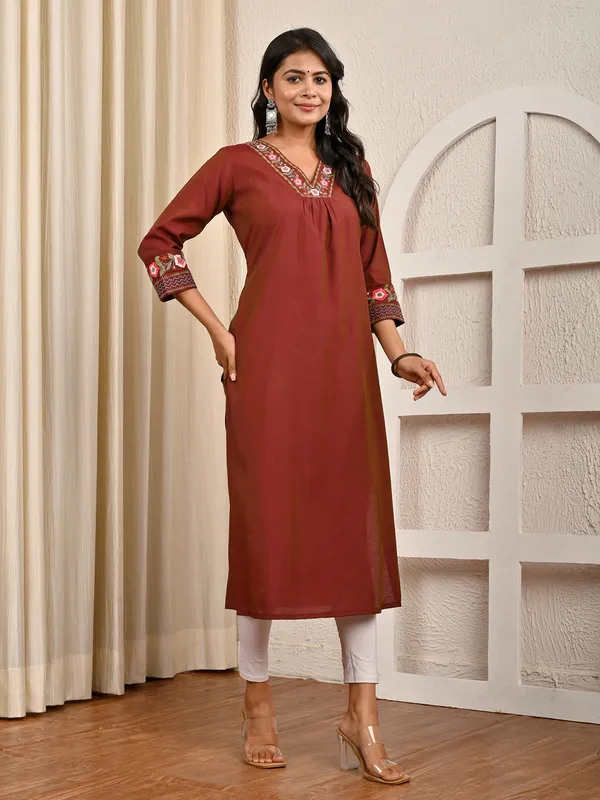 Brown cotton silk embroidered work casual kurti