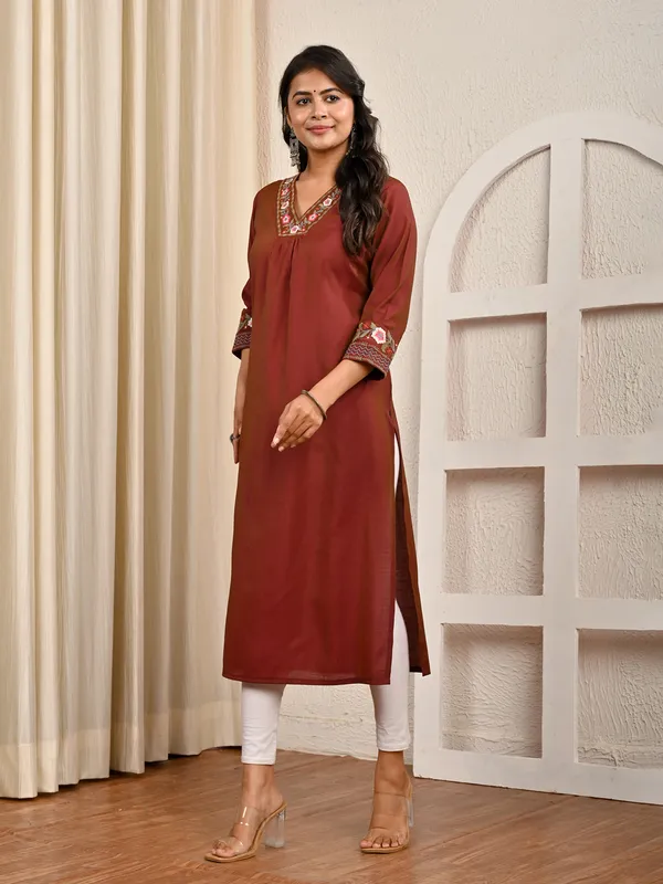 Brown cotton silk embroidered work casual kurti