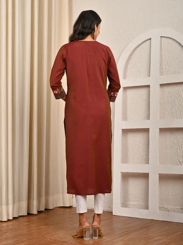 Brown cotton silk embroidered work casual kurti