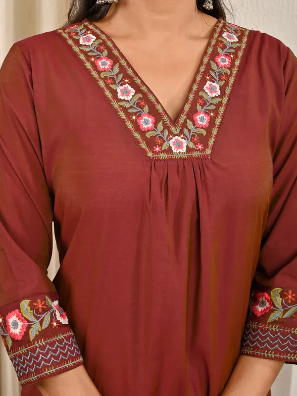Brown cotton silk embroidered work casual kurti