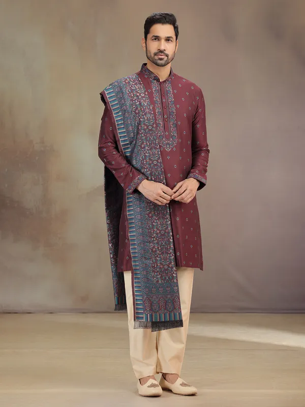 Brown cotton silk kurta pajama with dupatta