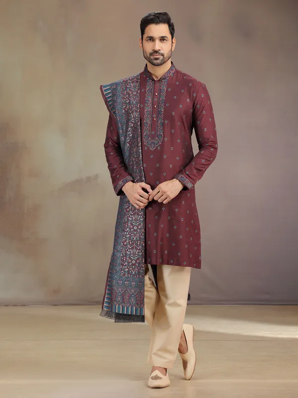 Brown cotton silk kurta pajama with dupatta