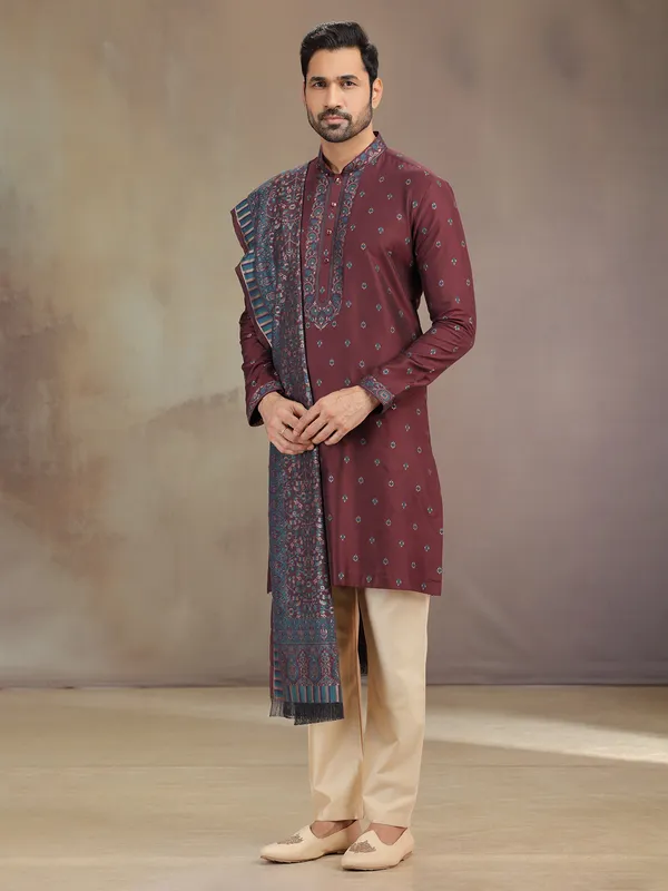 Brown cotton silk kurta pajama with dupatta