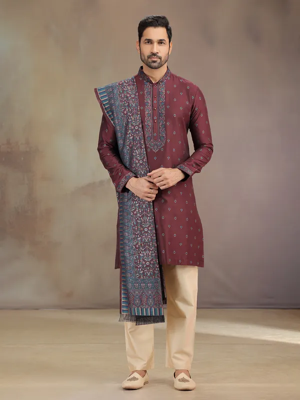 Brown cotton silk kurta pajama with dupatta