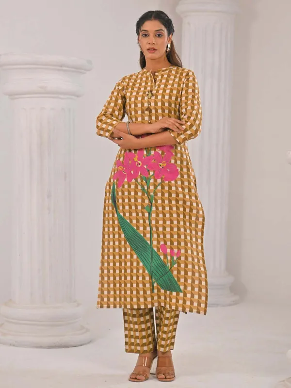 Brown cotton silk kurti set in printed