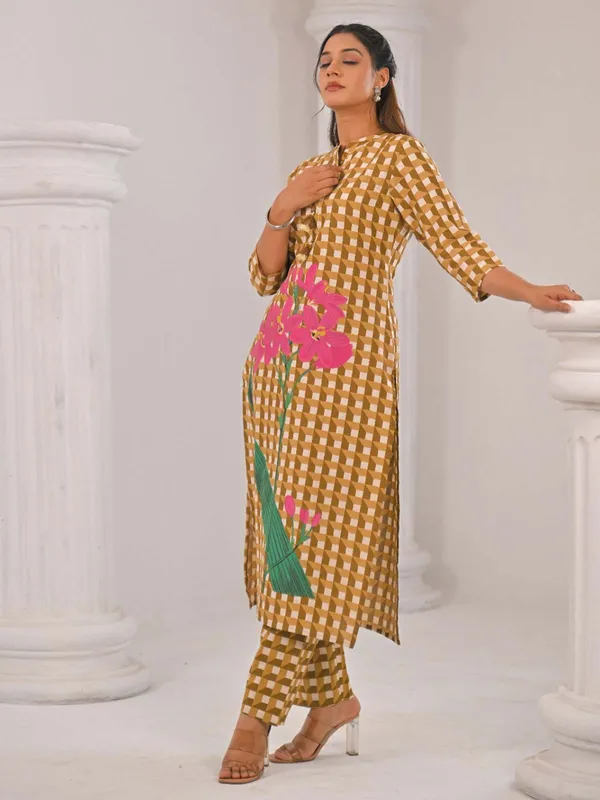 Brown cotton silk kurti set in printed