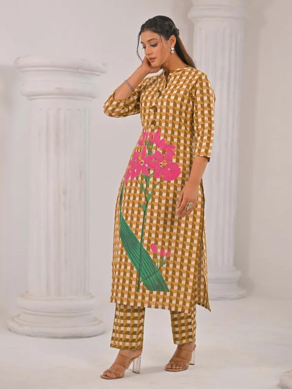 Brown cotton silk kurti set in printed