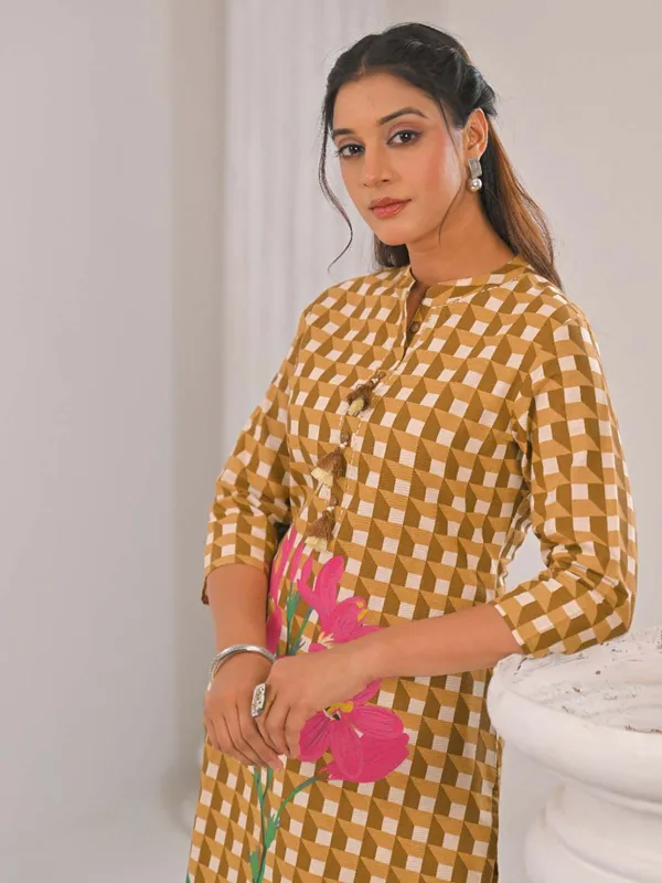 Brown cotton silk kurti set in printed