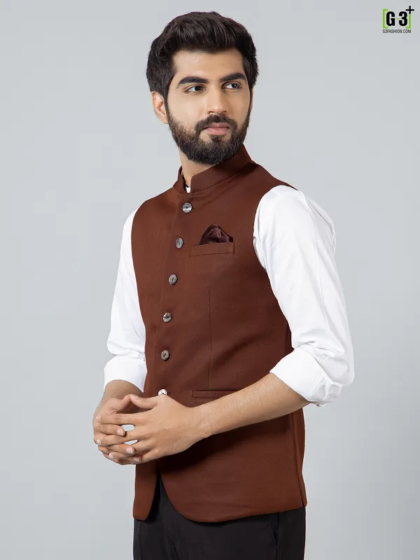 Brown cotton silk party wear solid waistcoat