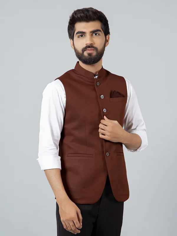 Brown cotton silk party wear solid waistcoat