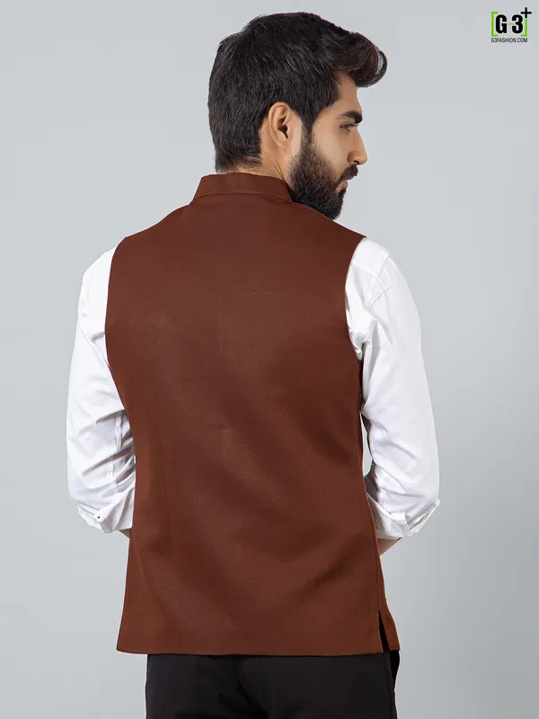 Brown cotton silk party wear solid waistcoat