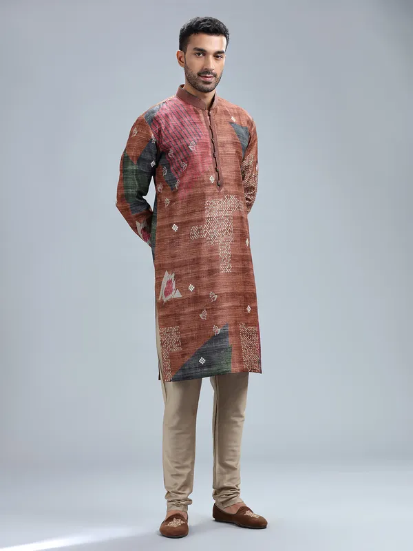 Brown cotton silk printed kurta set for men