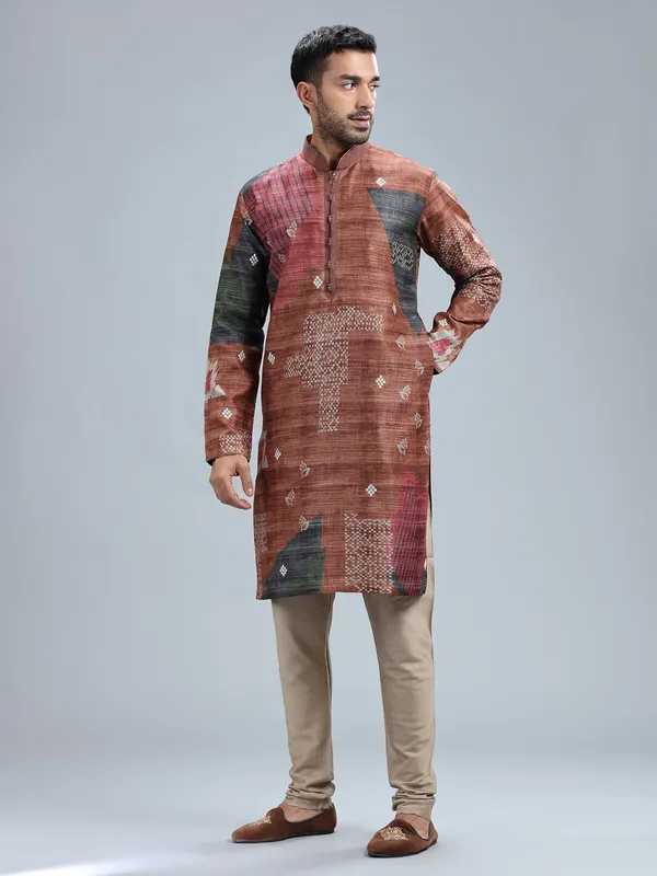 Brown cotton silk printed kurta set for men