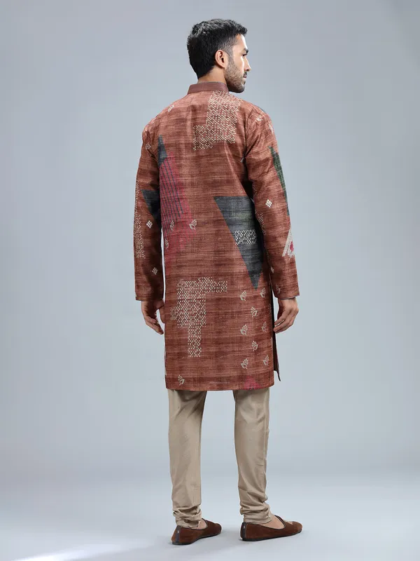 Brown cotton silk printed kurta set for men