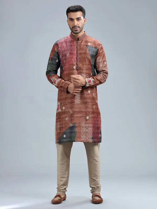 Brown cotton silk printed kurta set for men