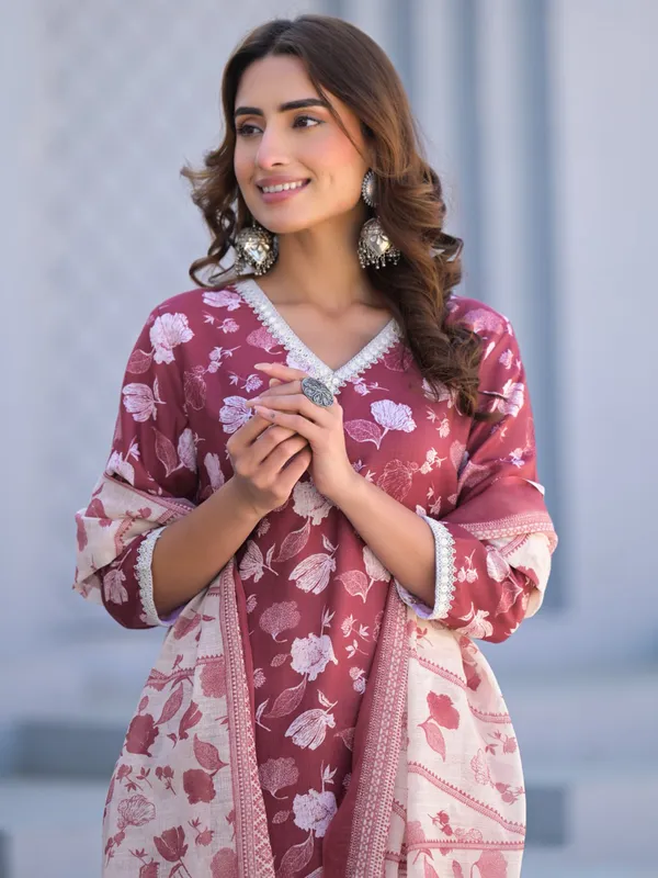 Brown cotton silk printed kurti set for women