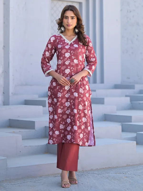 Brown cotton silk printed kurti set for women