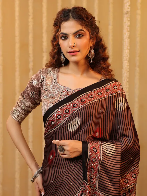 Brown cotton silk printed saree with sequins work