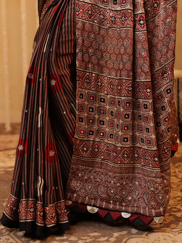 Brown cotton silk printed saree with sequins work