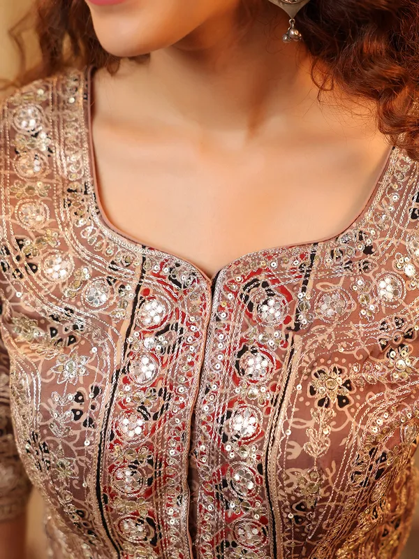 Brown cotton silk printed saree with sequins work