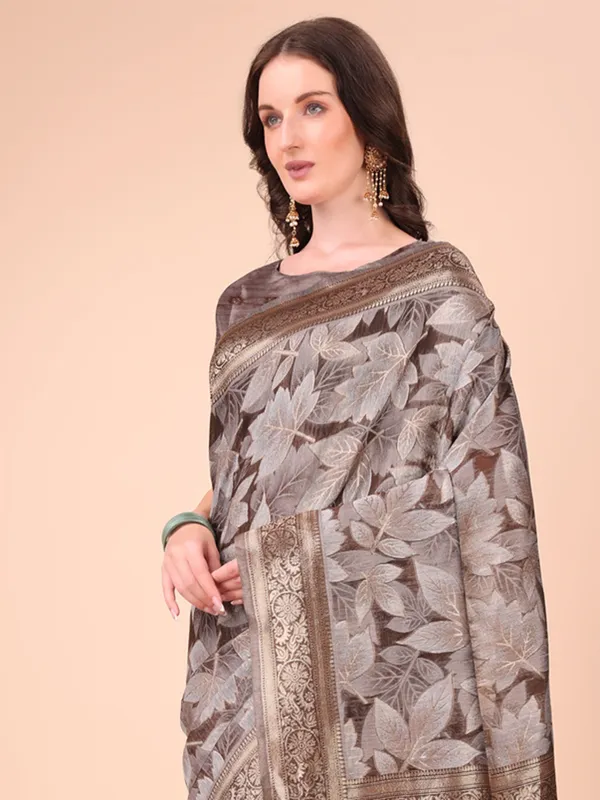 Brown cotton silk saree with zari weaving for traditional look