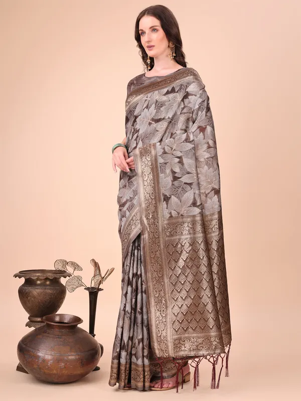 Brown cotton silk saree with zari weaving for traditional look