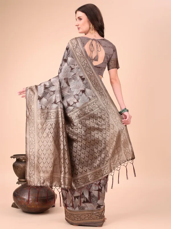 Brown cotton silk saree with zari weaving for traditional look